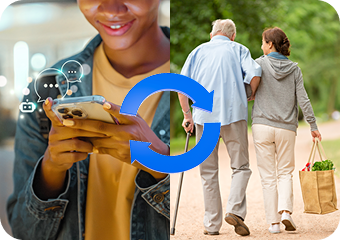 Girl with holding phone and elder man with girl holding there groceries