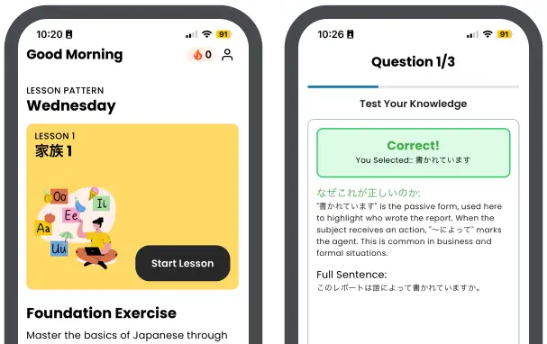 Home Screen of Kizuna Care and Correct Result Screen of Lesson